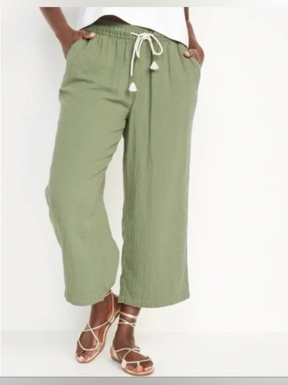 Old Navy High Waisted Gauze Pants 100% Cotton Textured Soft Boho Green Large